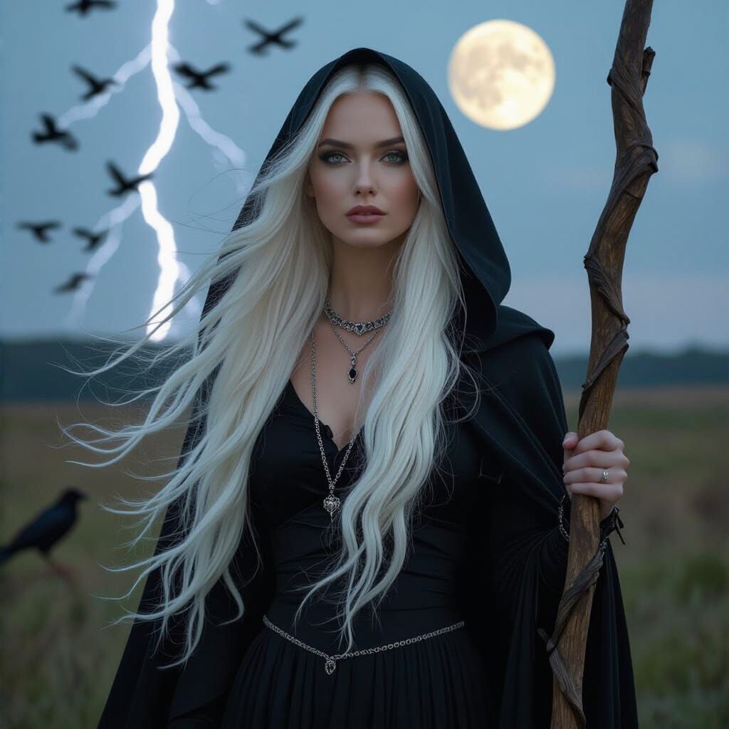 Goddess of Storms with White Hair and Moonlit Heath