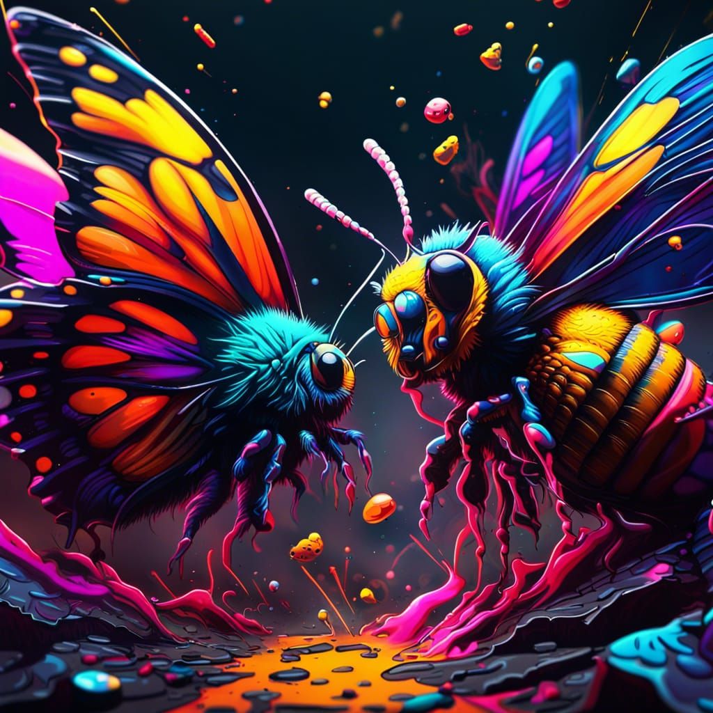 Horror Fight: Butterfly vs Bee in Graffiti Art