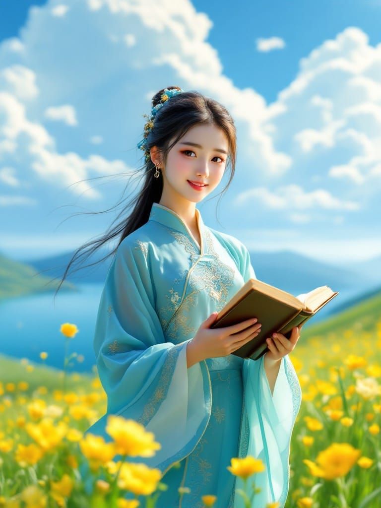 Girl Reading Book in Emerald Landscape, Anime Style