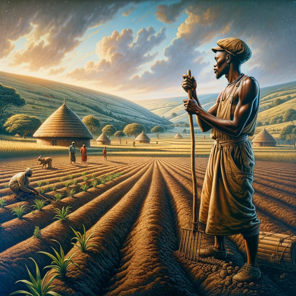 African Farmer in Traditional Attire Stands Amidst a Beautif...