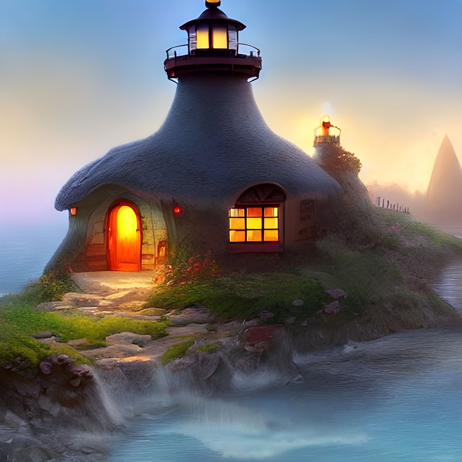 Cozy Hobbit-House Lighthouse, Art Nouveau Style