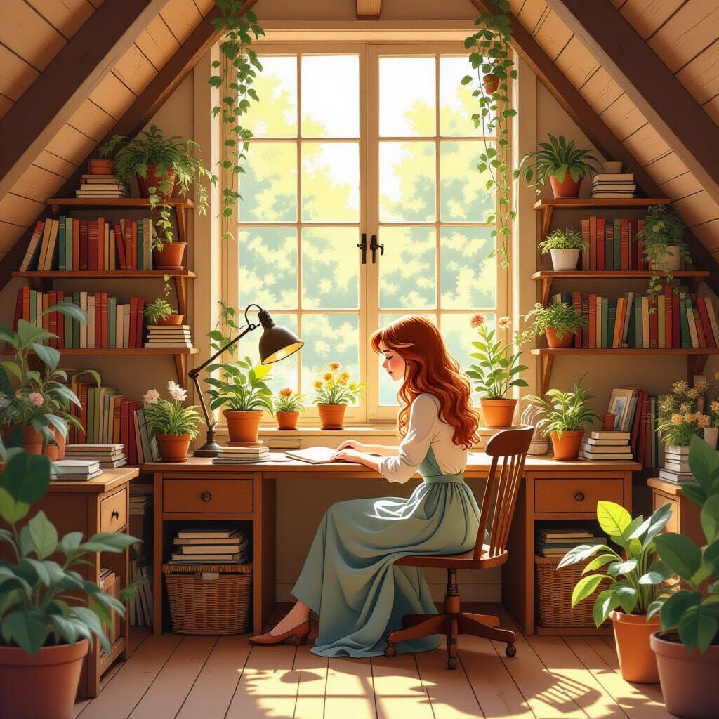 Cozy Attic Workspace with Woman and Plants