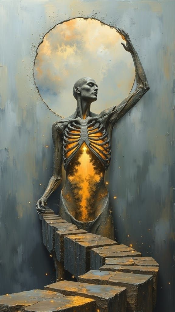 Ethereal Reflection: Woman with Blooming Ribcage in Futurism...