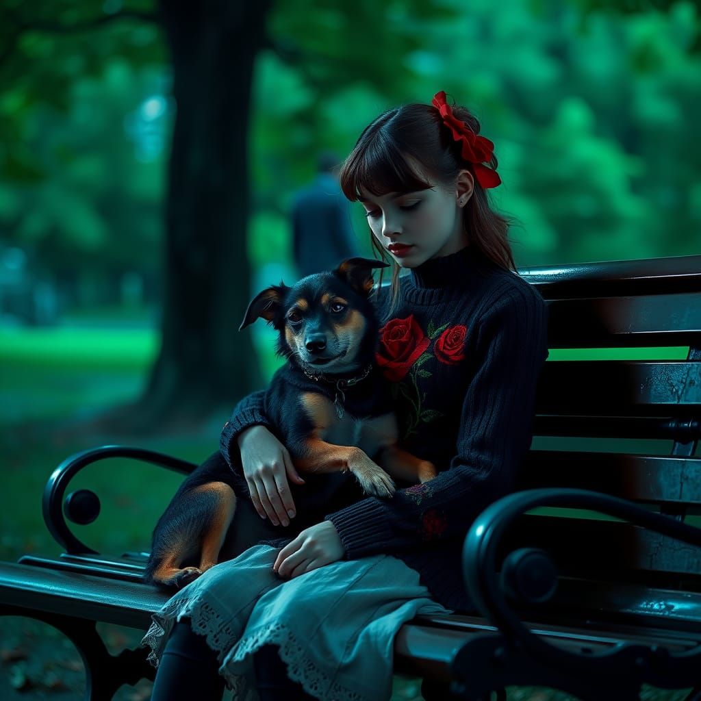 Girl and Dog in Park, Gothic High-Fashion Portrait