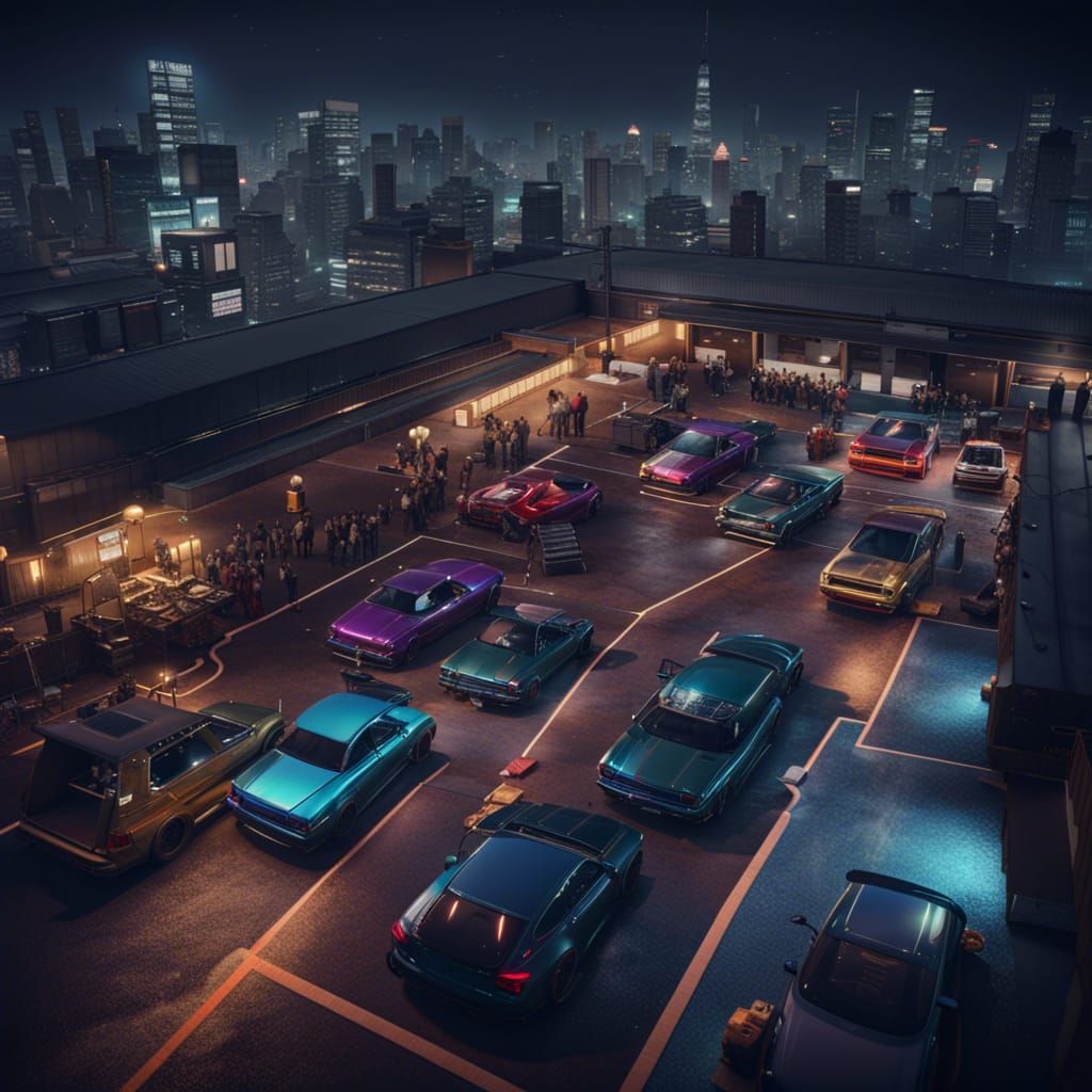 Tokyo Car Meet at Night: Detailed Matte Painting