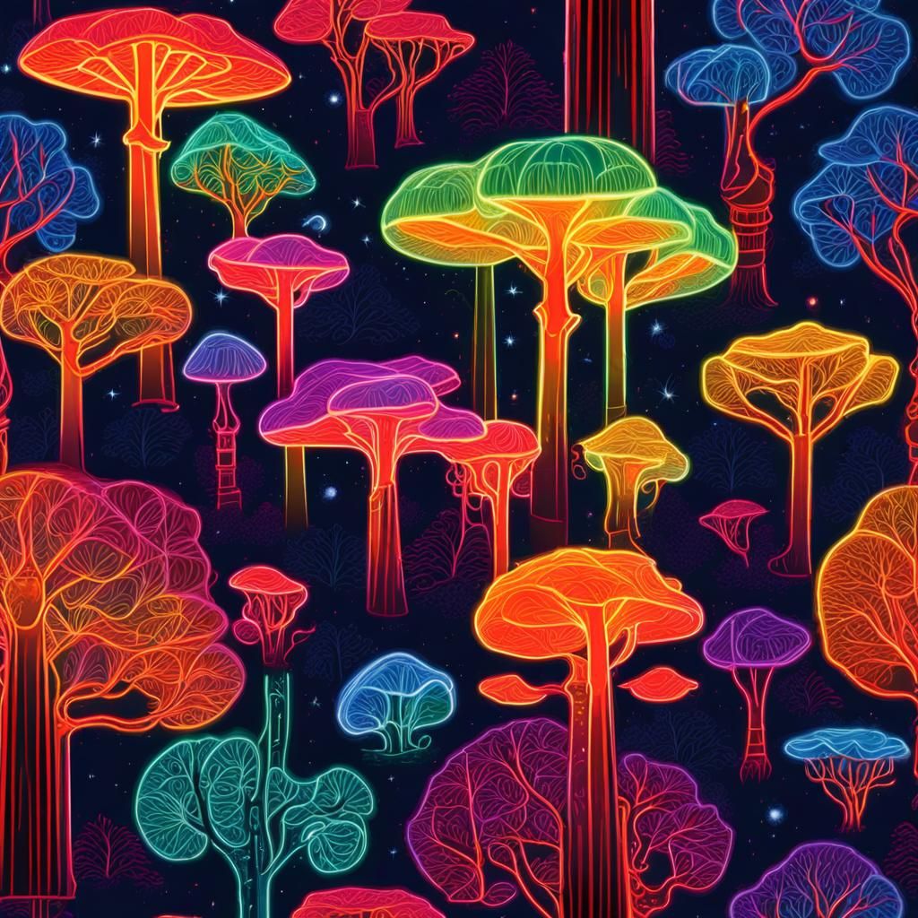 Photorealistic Neon Baobab Forest in Outer Space