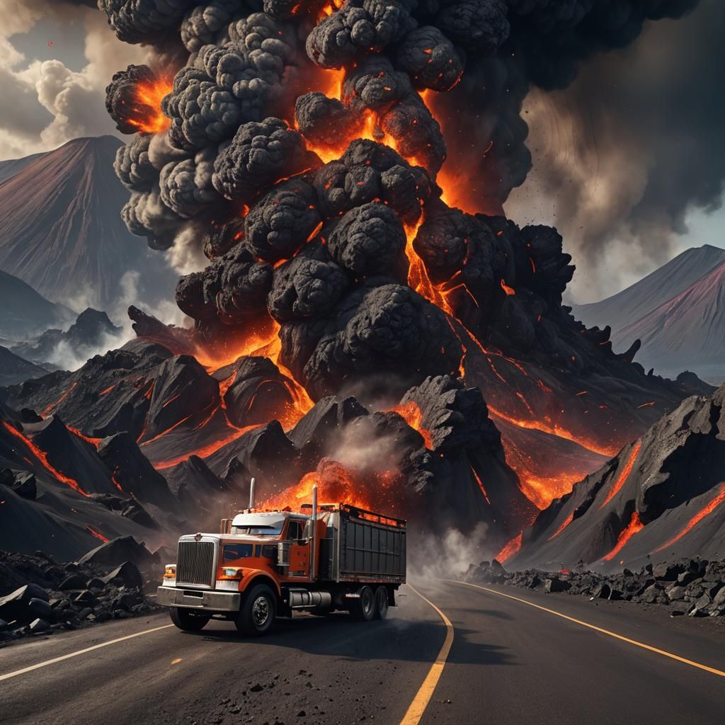 Semi Truck Confronts Volcanic Eruption: Detailed Matte Paint...