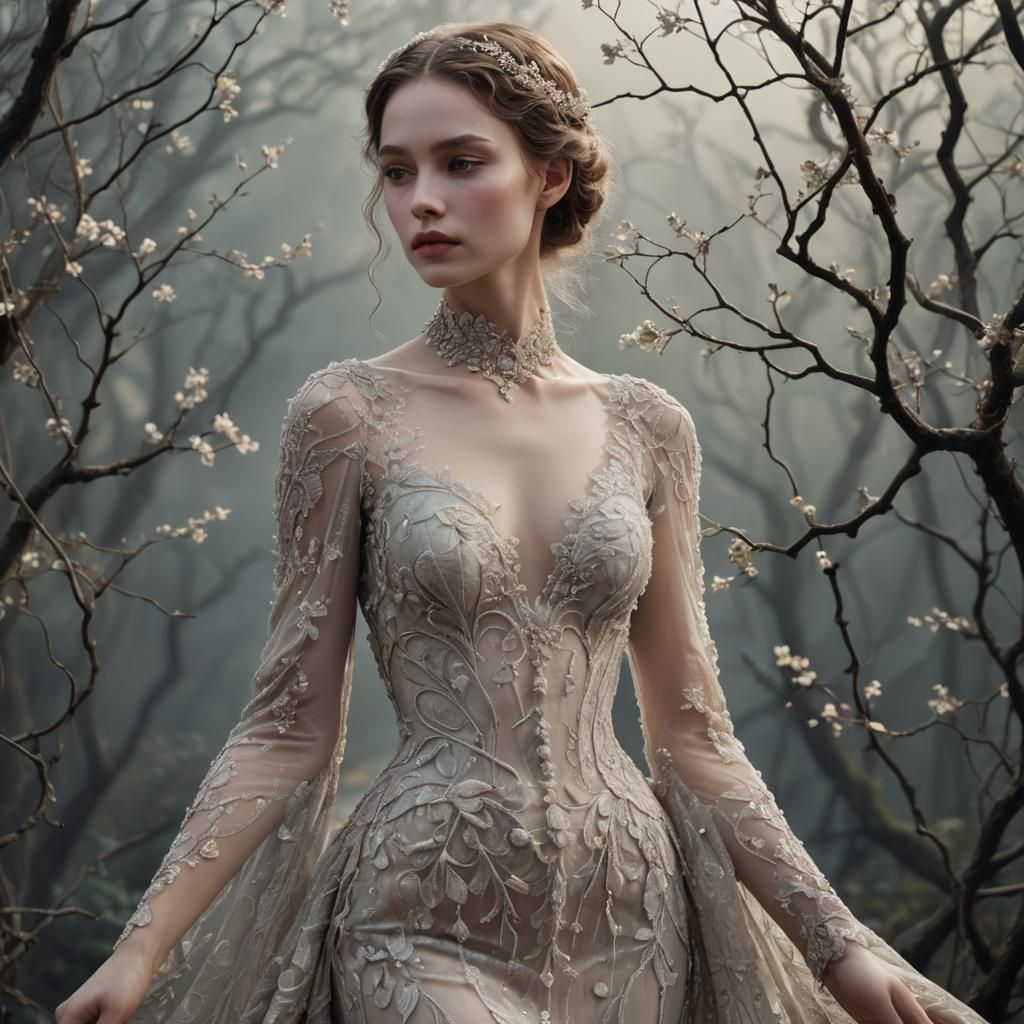 Elegant Woman in Gown with Floral Art Nouveau Backdrop