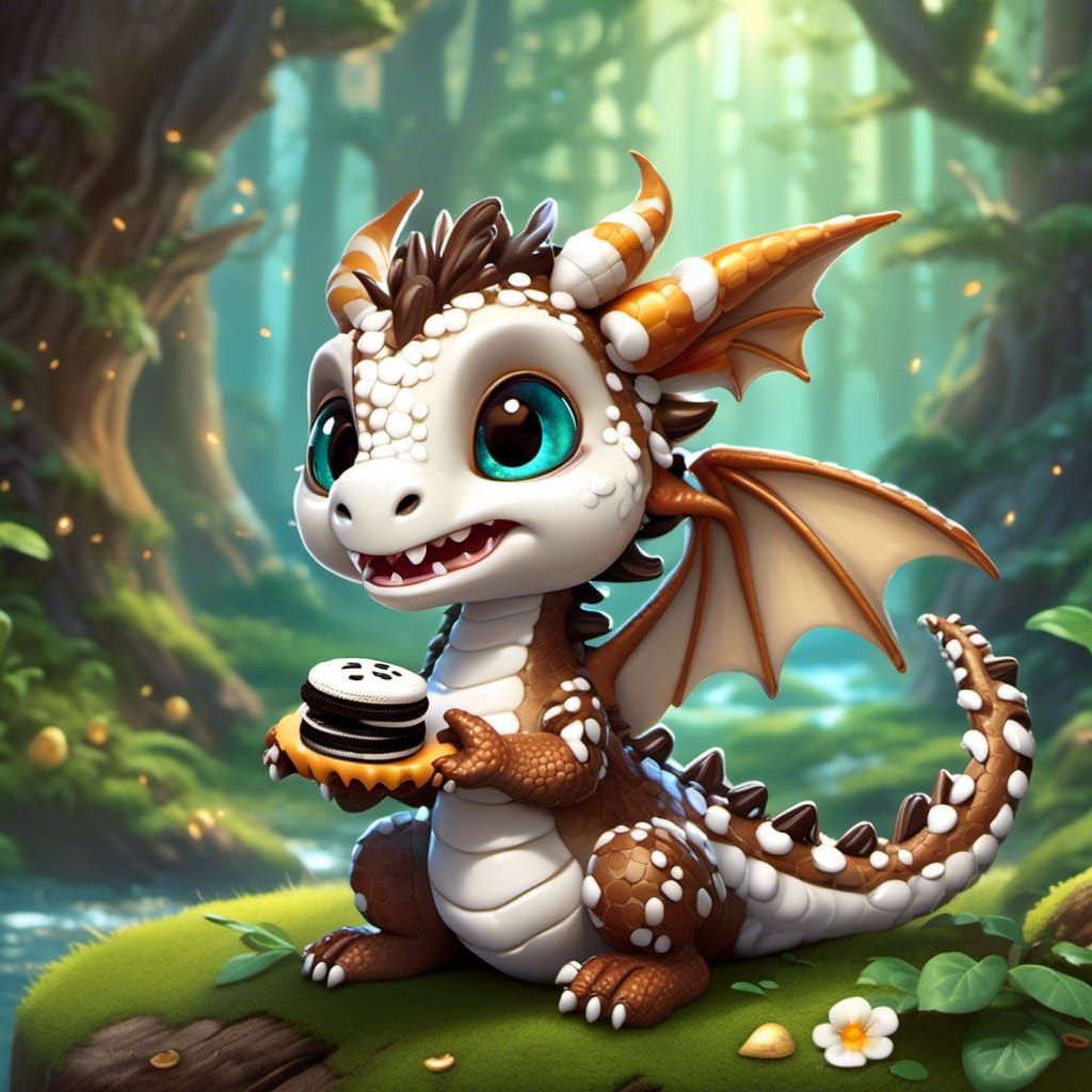 Chibi Dragon Enjoys Cookie in Magical Forest