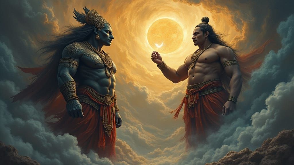 Mystical Scene of Hiranyakashyapu and Lord Brahma in Dark Fa...