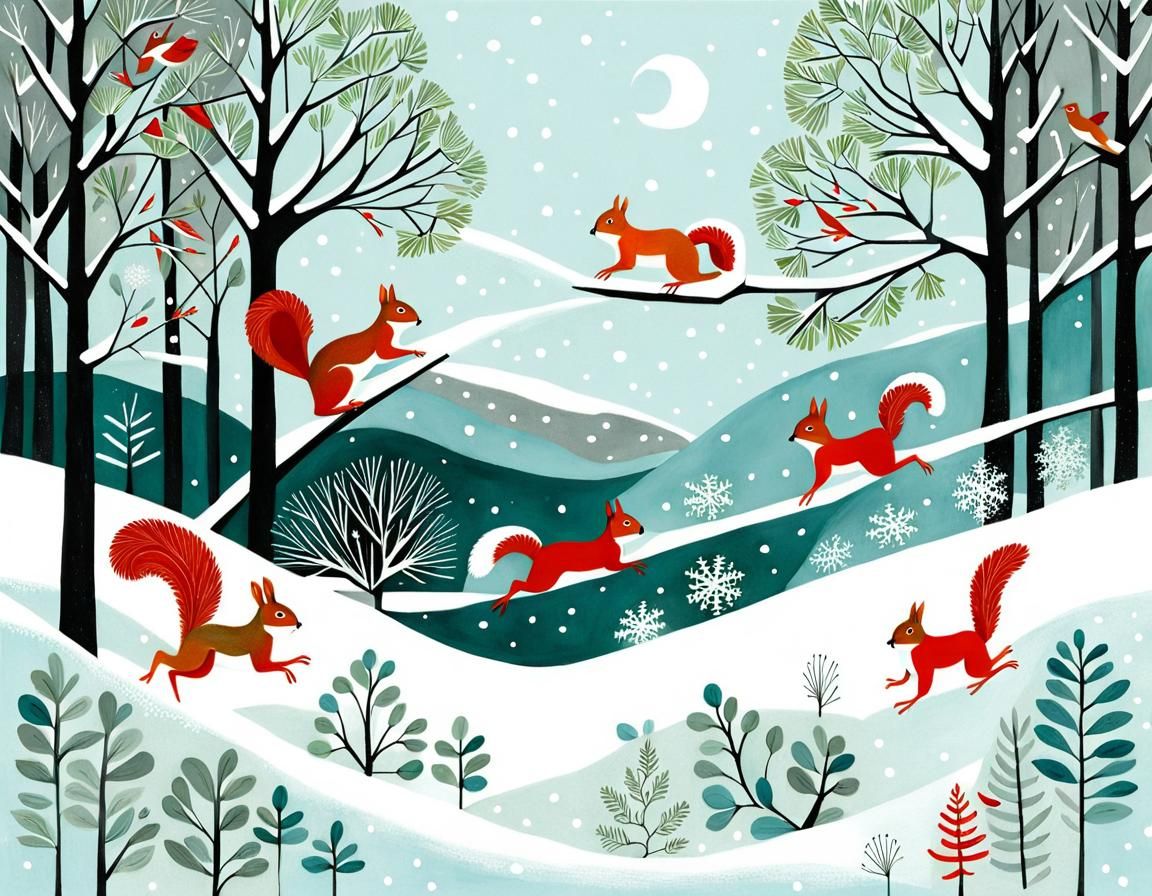 Charming Winter Scene with Squirrels and Birds