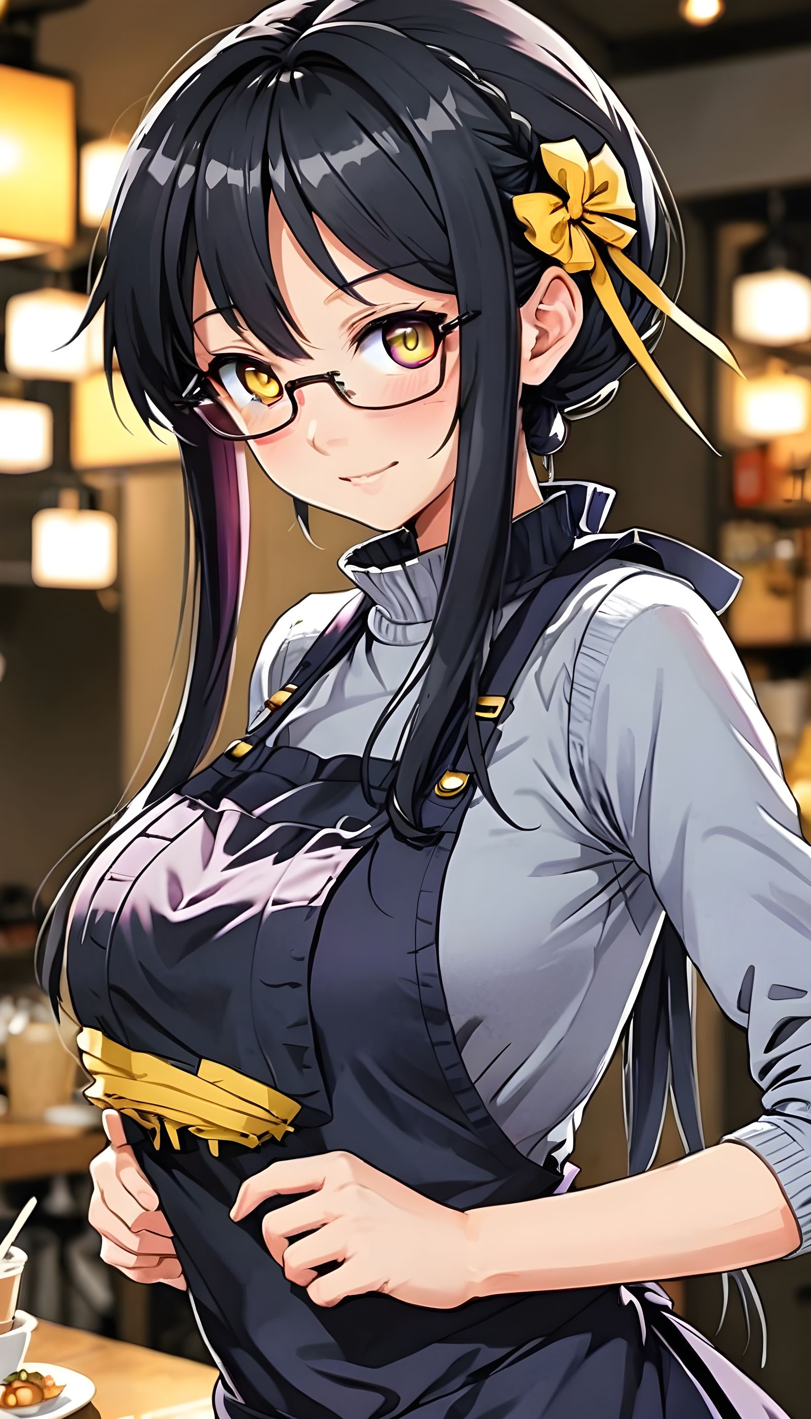 Anime Girl in Cafe Apron with Red Glasses and Blushing Cheek...