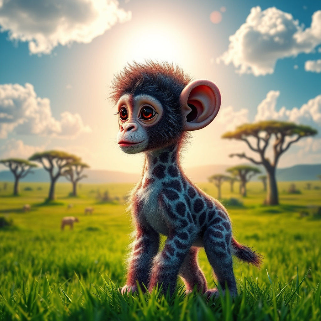 Endearing Chimpanzee-Giraffe Hybrid in Dreamlike Savannah