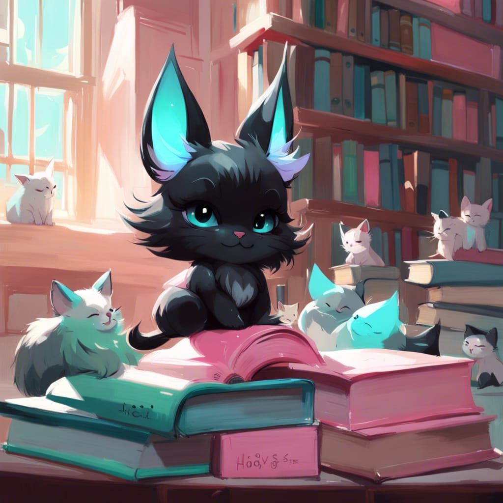 Adorable One-Eyed Cat in Library, Digital Art