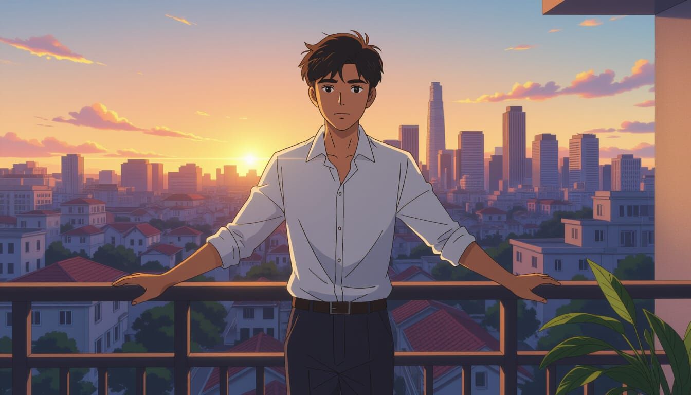 Young Indian Man on Balcony at Sunrise Anime Style