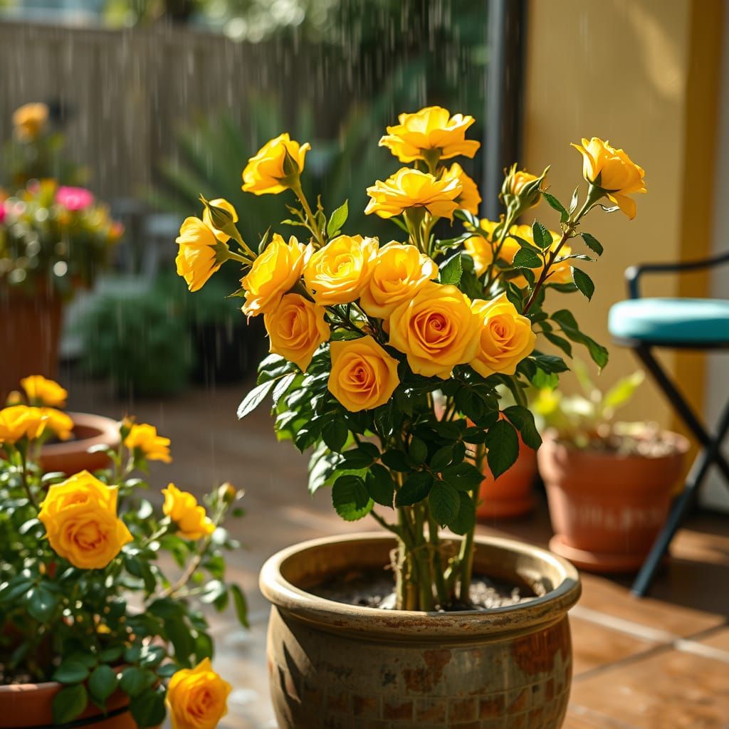 Yellow Roses in Sunlit Patio After Rain