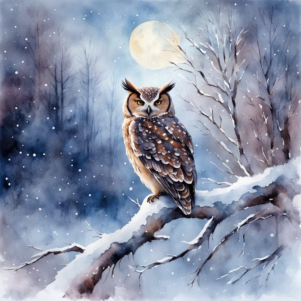 Enchanting Watercolour of a Mystical Owl in Winter Twilight