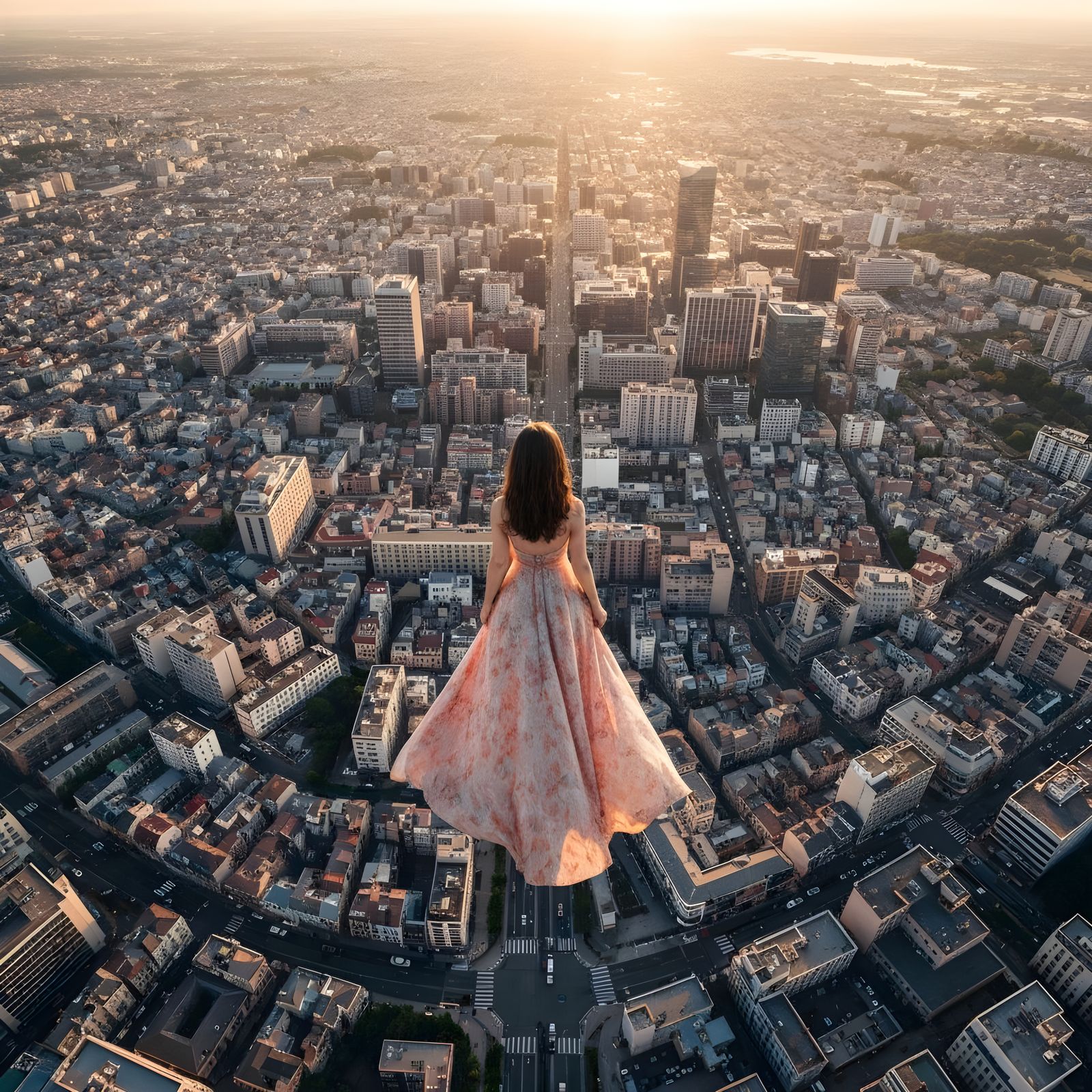 Giant Woman Over Cityscape at Golden Hour