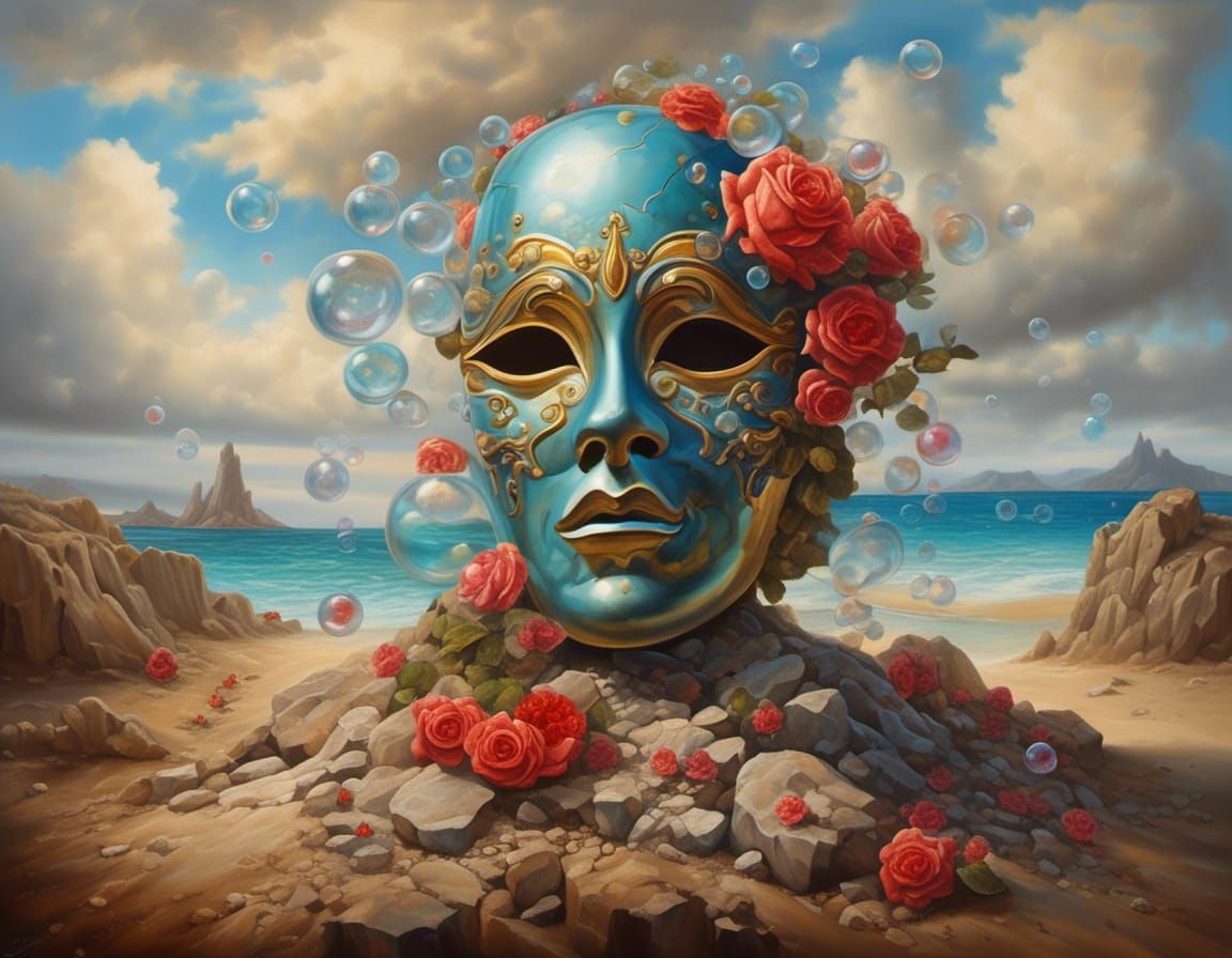 Surreal Sardinian Mask Rock in Oil Painting Style