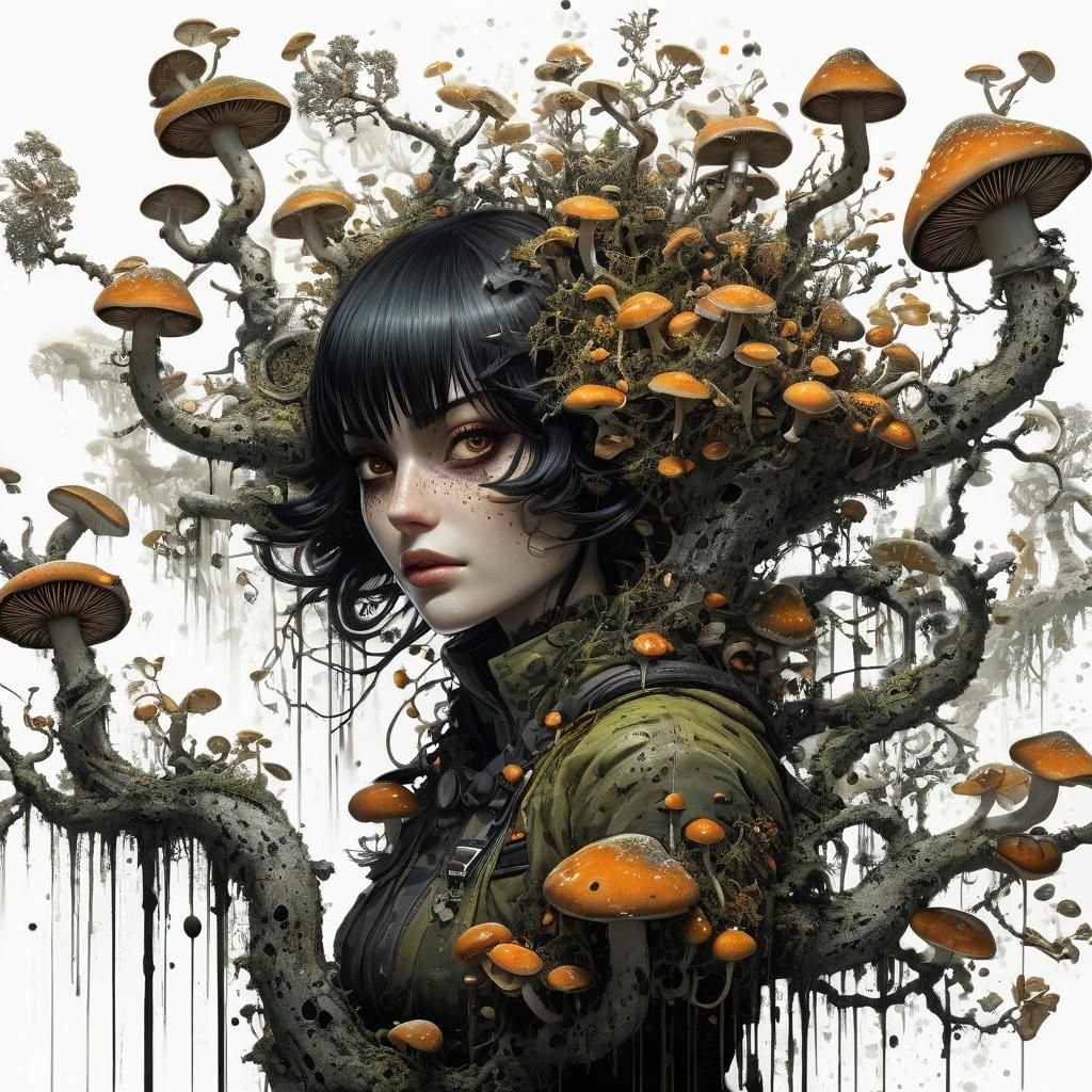 Vibrant Fungi Girl in a Whimsical Wonderland of Color