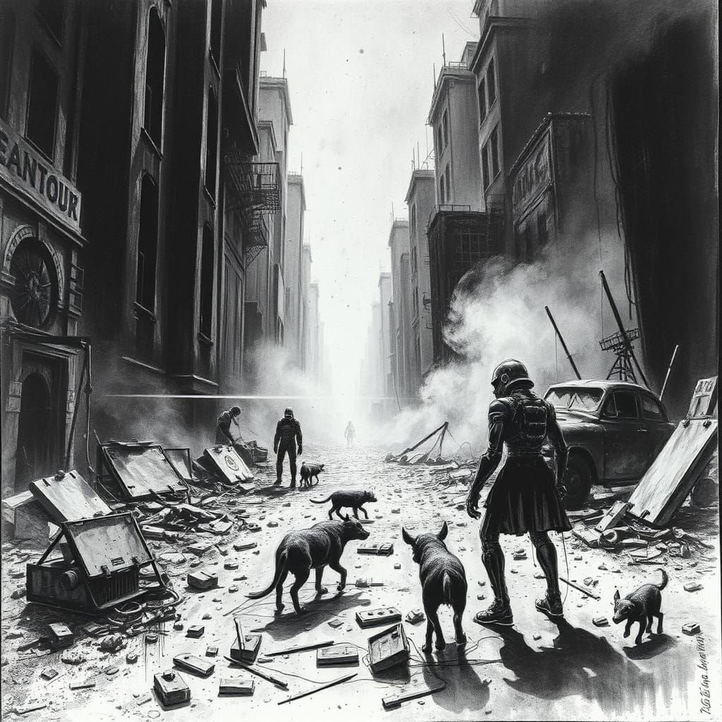 Post-Apocalyptic Cityscape Charcoal Drawing