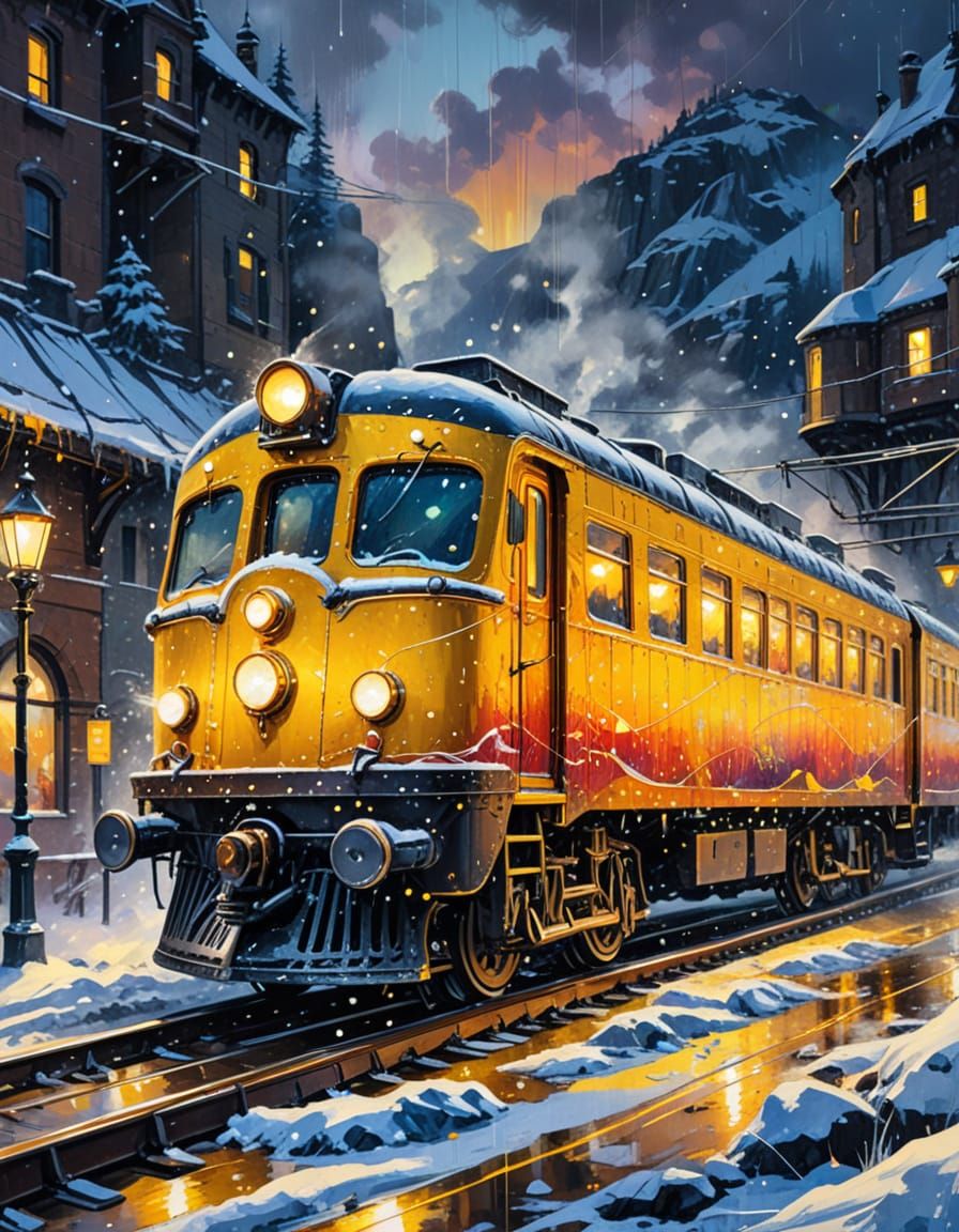 Steampunk Winter Train in Snowy Landscape