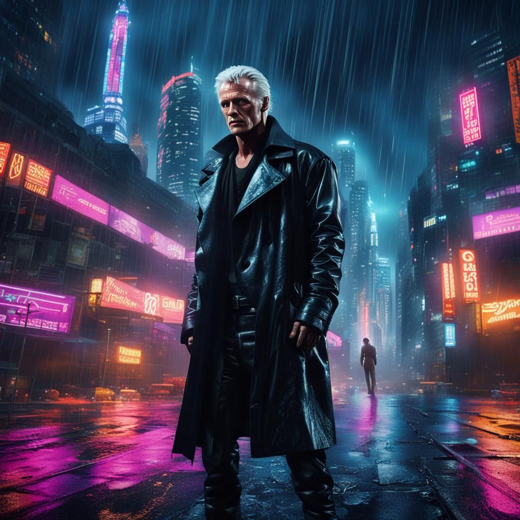 Cyberpunk Roy Batty in Dystopian Cityscape