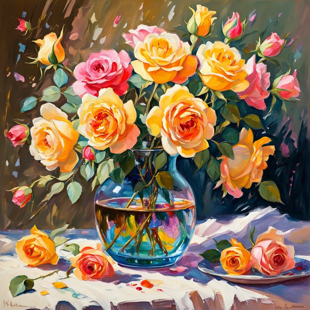 Impressionist Roses in Vase Still Life