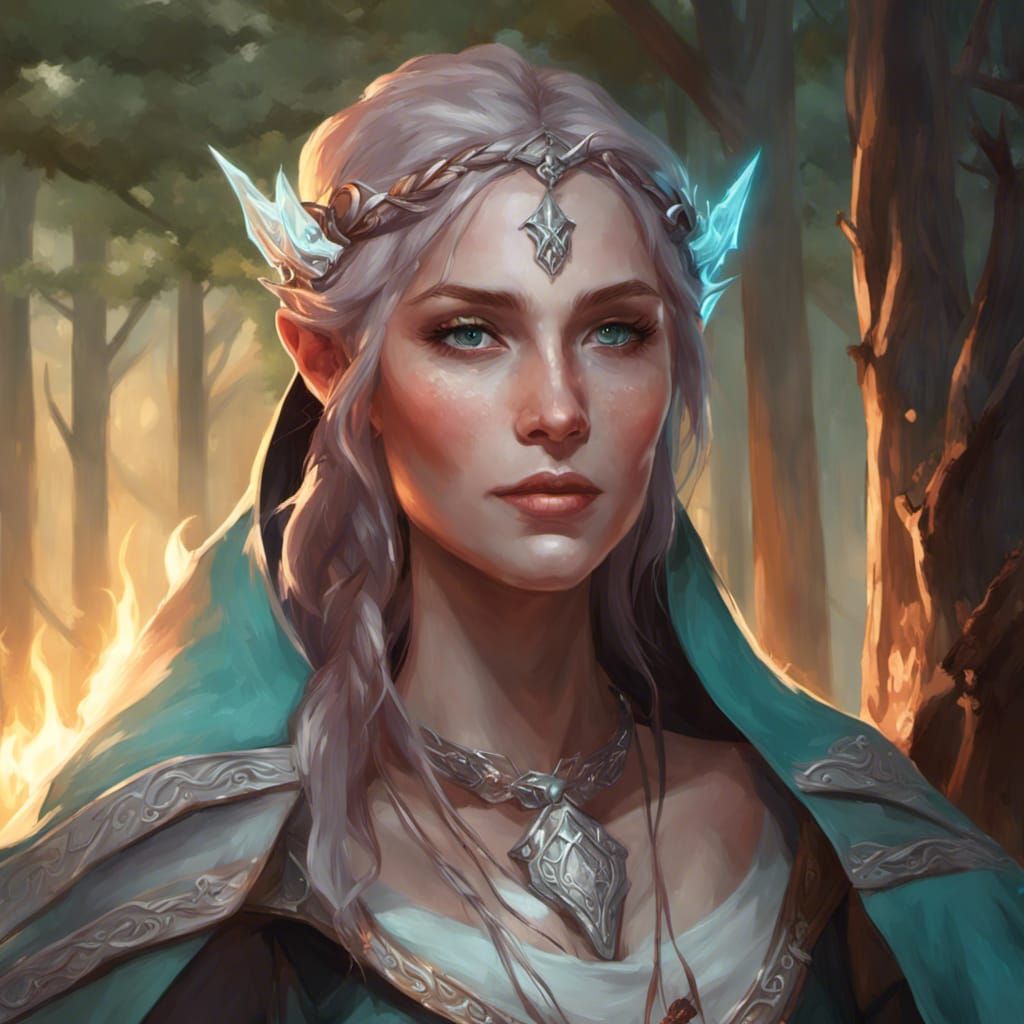 Elegant Elf Cleric by Campfire, Fantasy Art