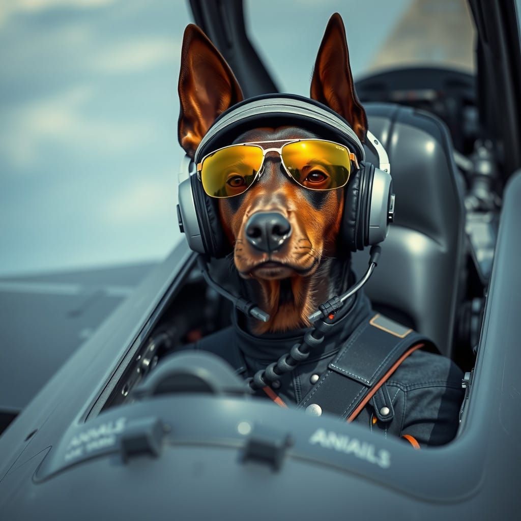 Confident Doberman Pinscher F35 Pilot in Top Gun Style