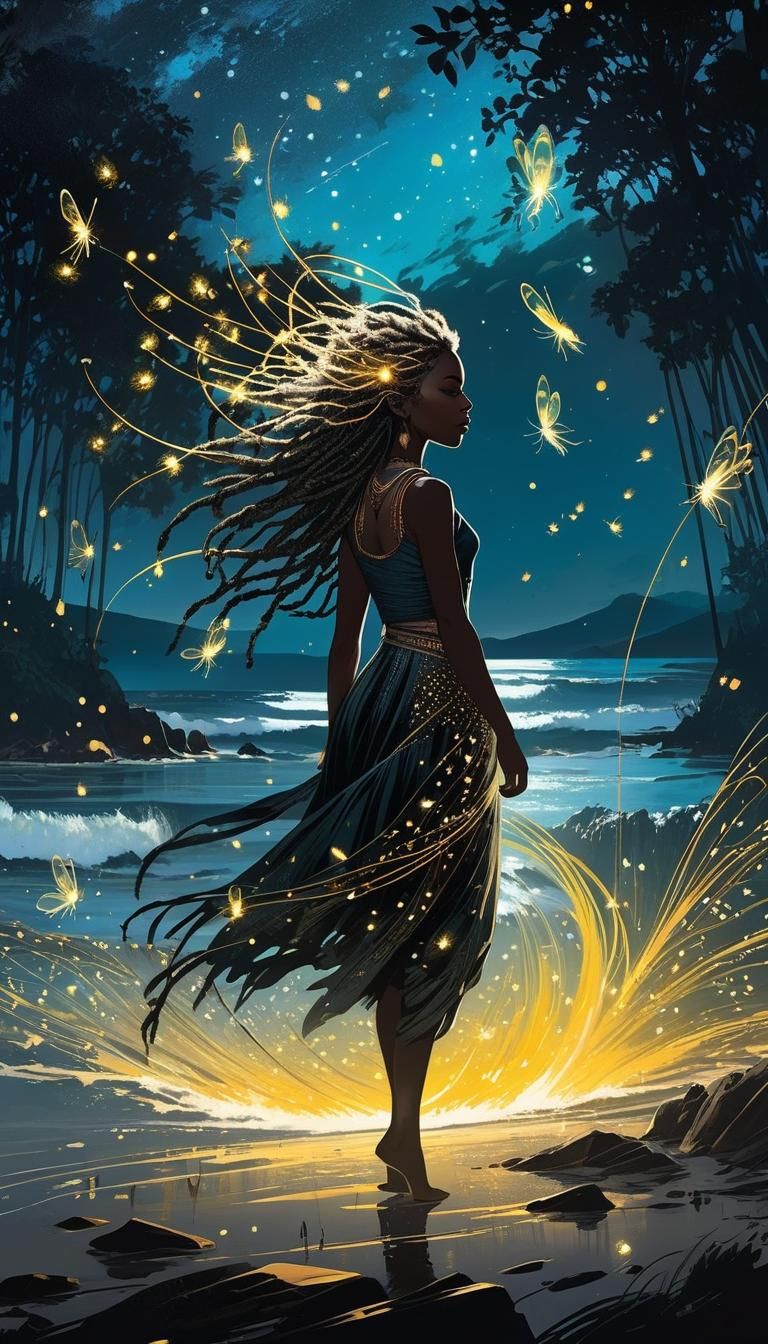 Grotesque Fireflies and Airy Girl on Beach