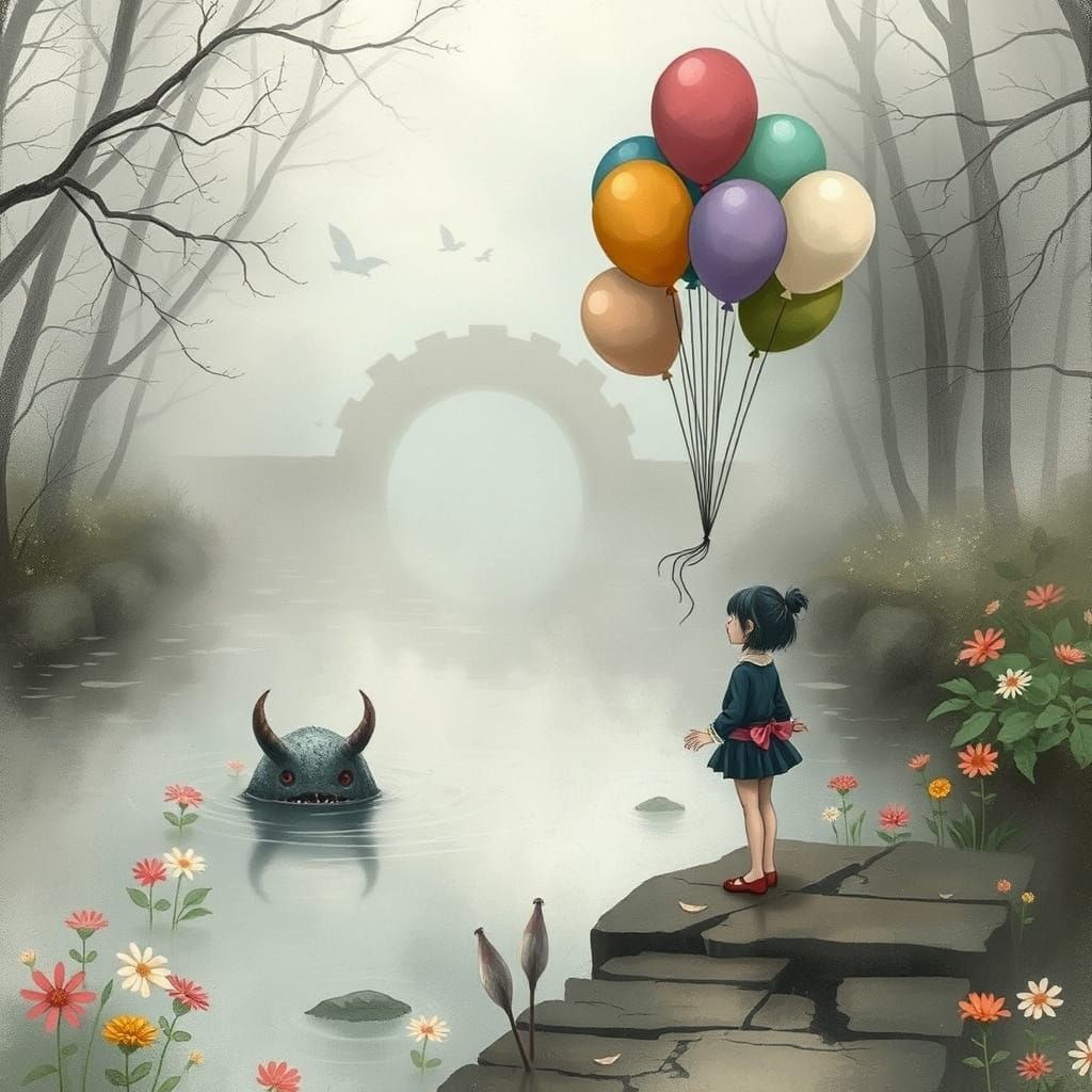 Girl, Monster, and Balloons: Watercolor Canal Scene