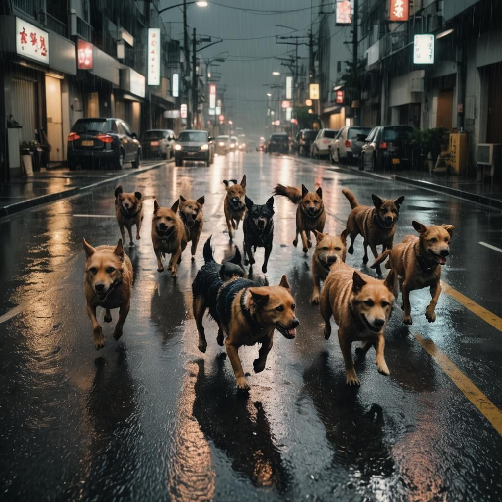 Dogs Run Through Tokyo in Heavy Rain