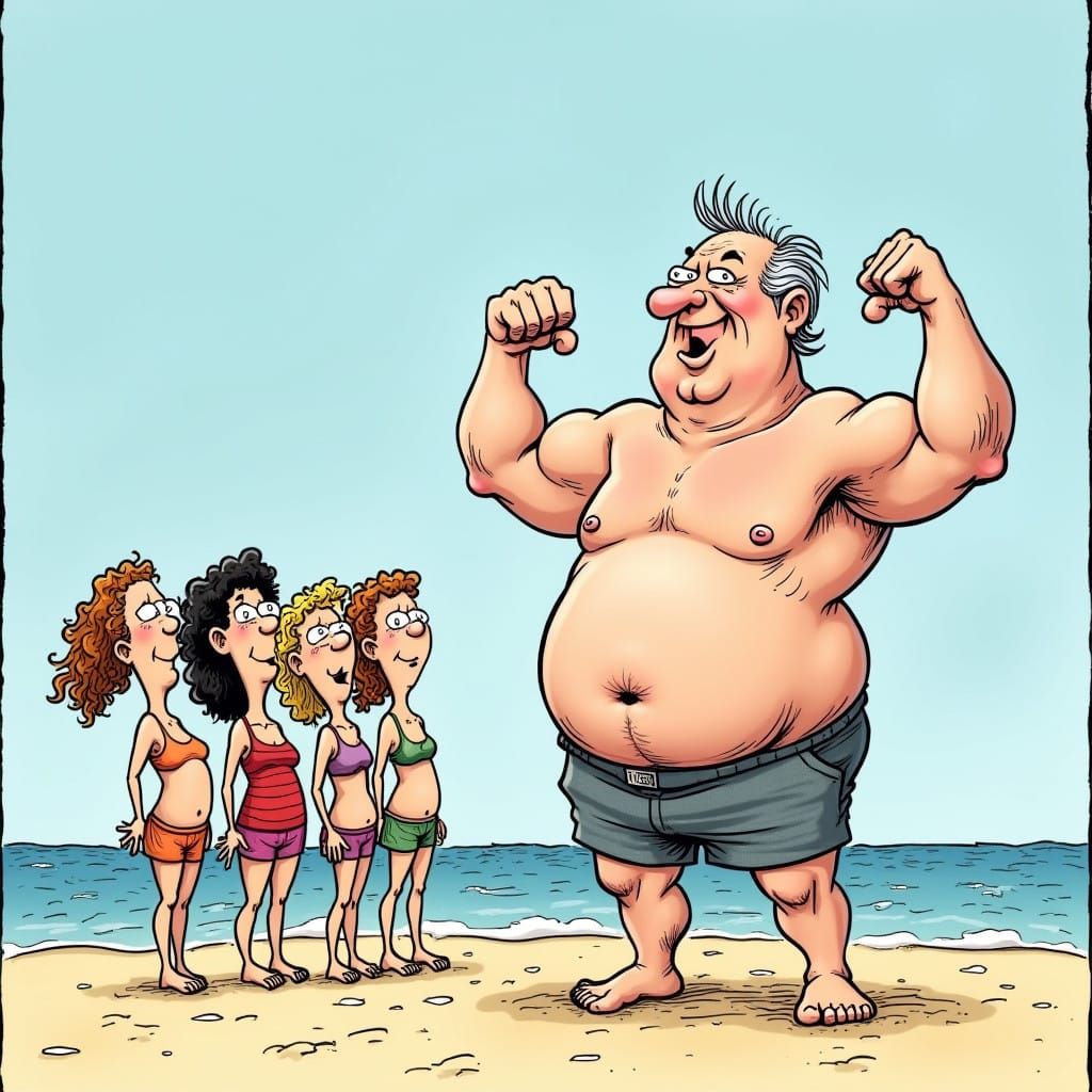 Cartoon Caricature of a Flabby Man Flexing on the Beach