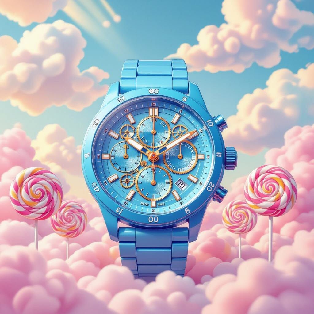 Whimsical Giant Blue Watch Among Candy Clouds