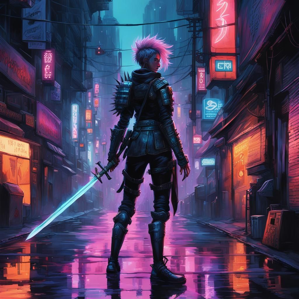 Cyberpunk Warrior with Glowing Sword in Dark City