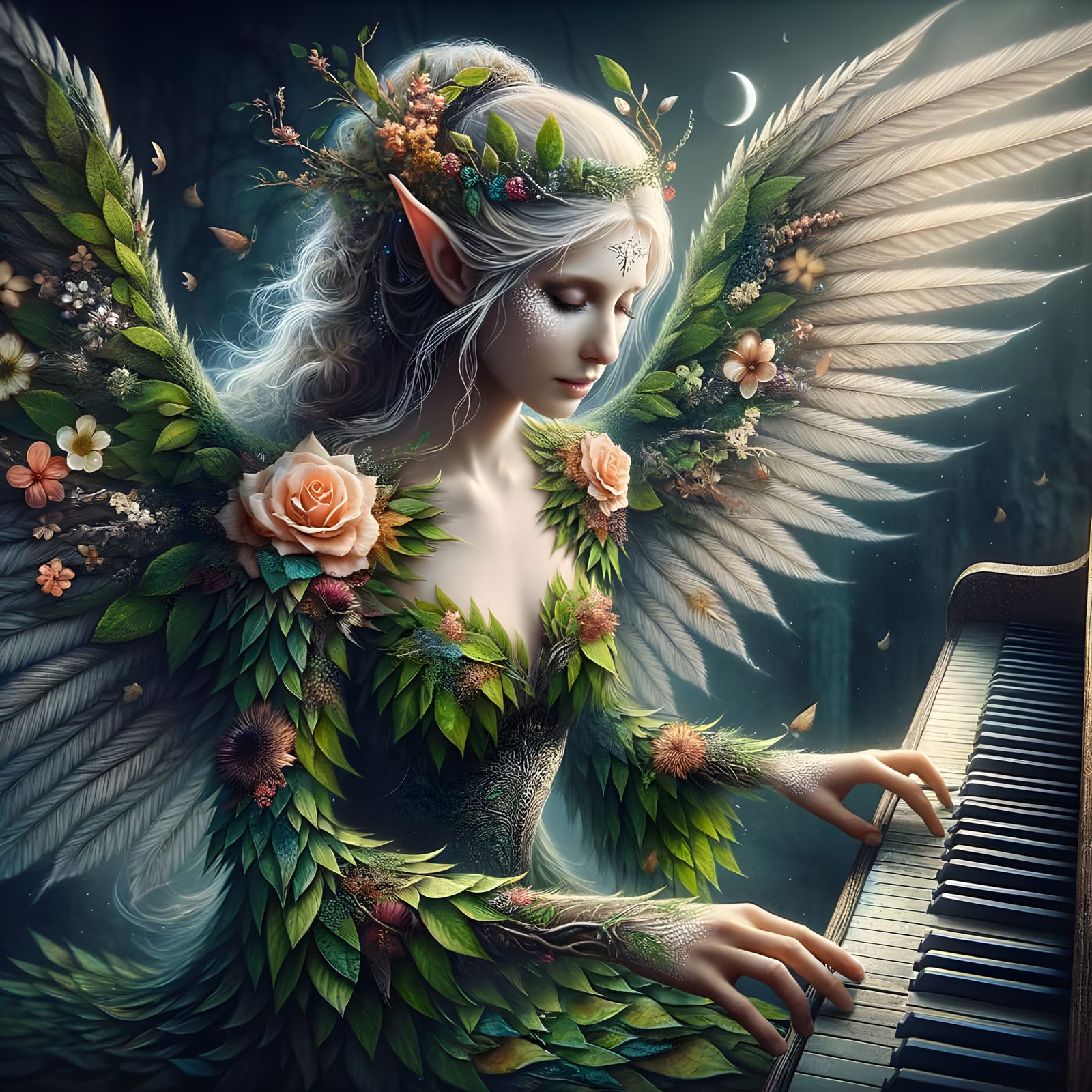Enchanting Elf Pianist in Moonlit Natural Attire