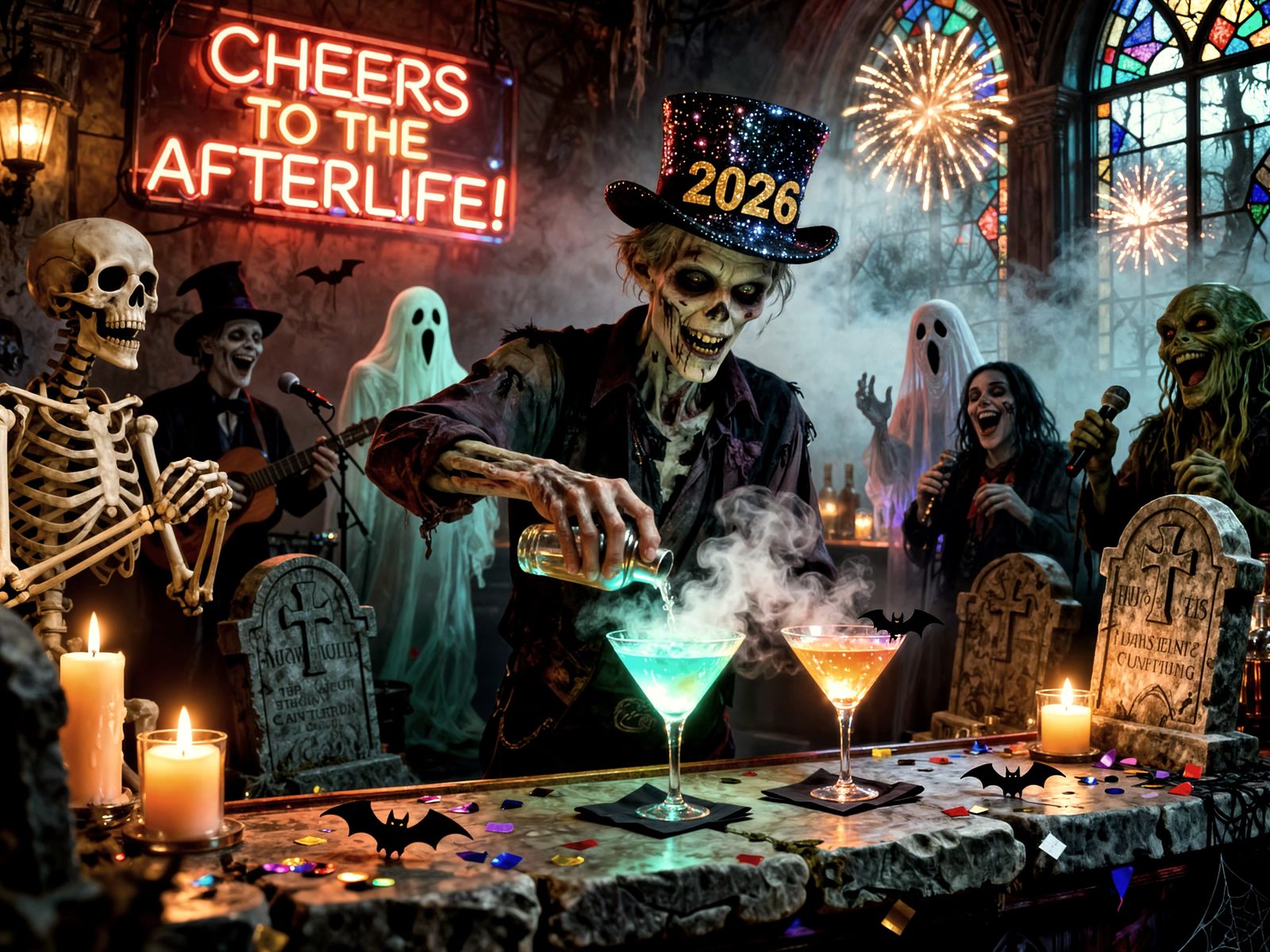 Gothic Bar Haunts with Skeletons and Swamp Creatures