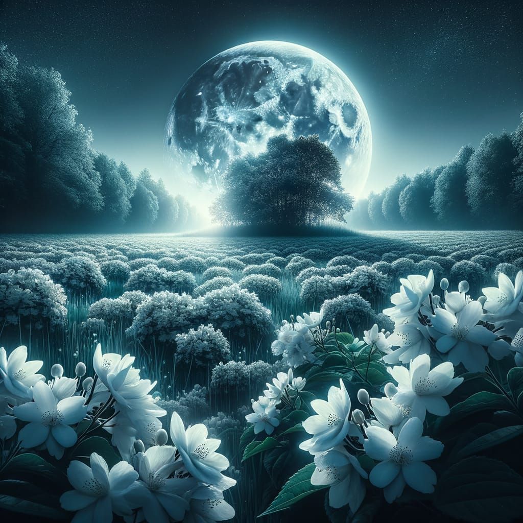 Moonlit Jasmine Meadow: A Scene of Lunar Majesty