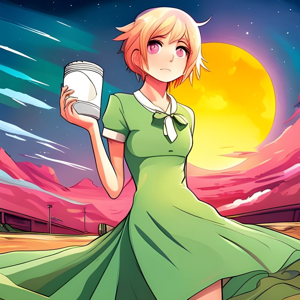 Futuristic Chibi Anime Girl with Sliced Moon