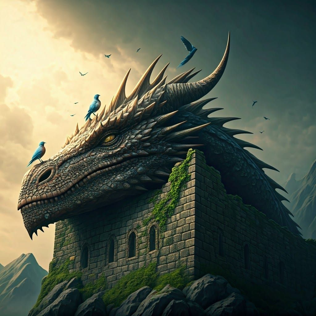 A Majestic Dragon Slumbers on a Mountain Castle, Surrounded...