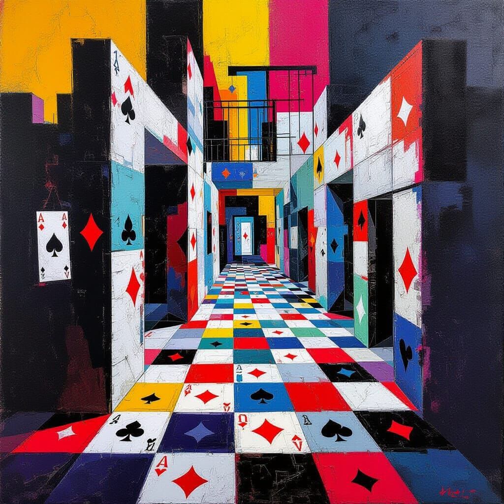 Abstract Prison Built From Playing Cards in Bold Style