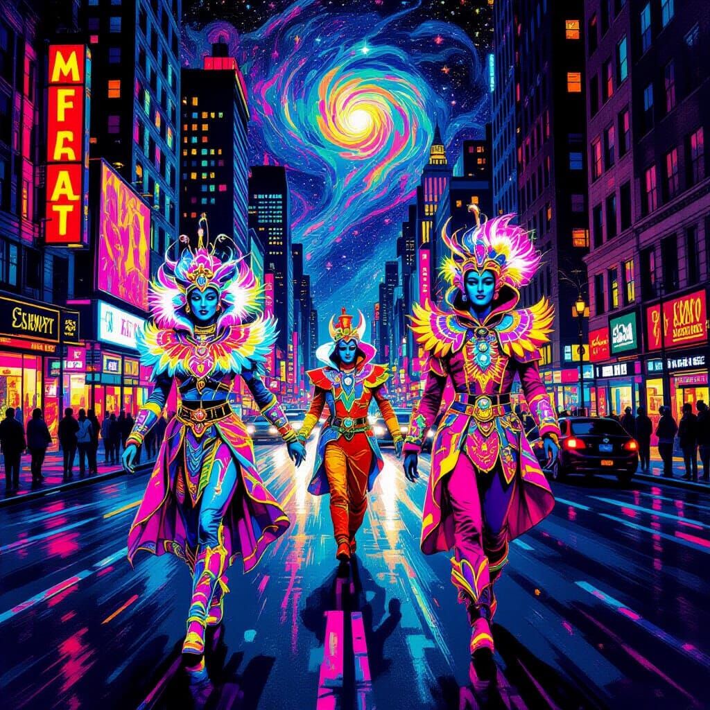 Cosmic Creatures Parade on Broadway in Psychedelic Black Lig...