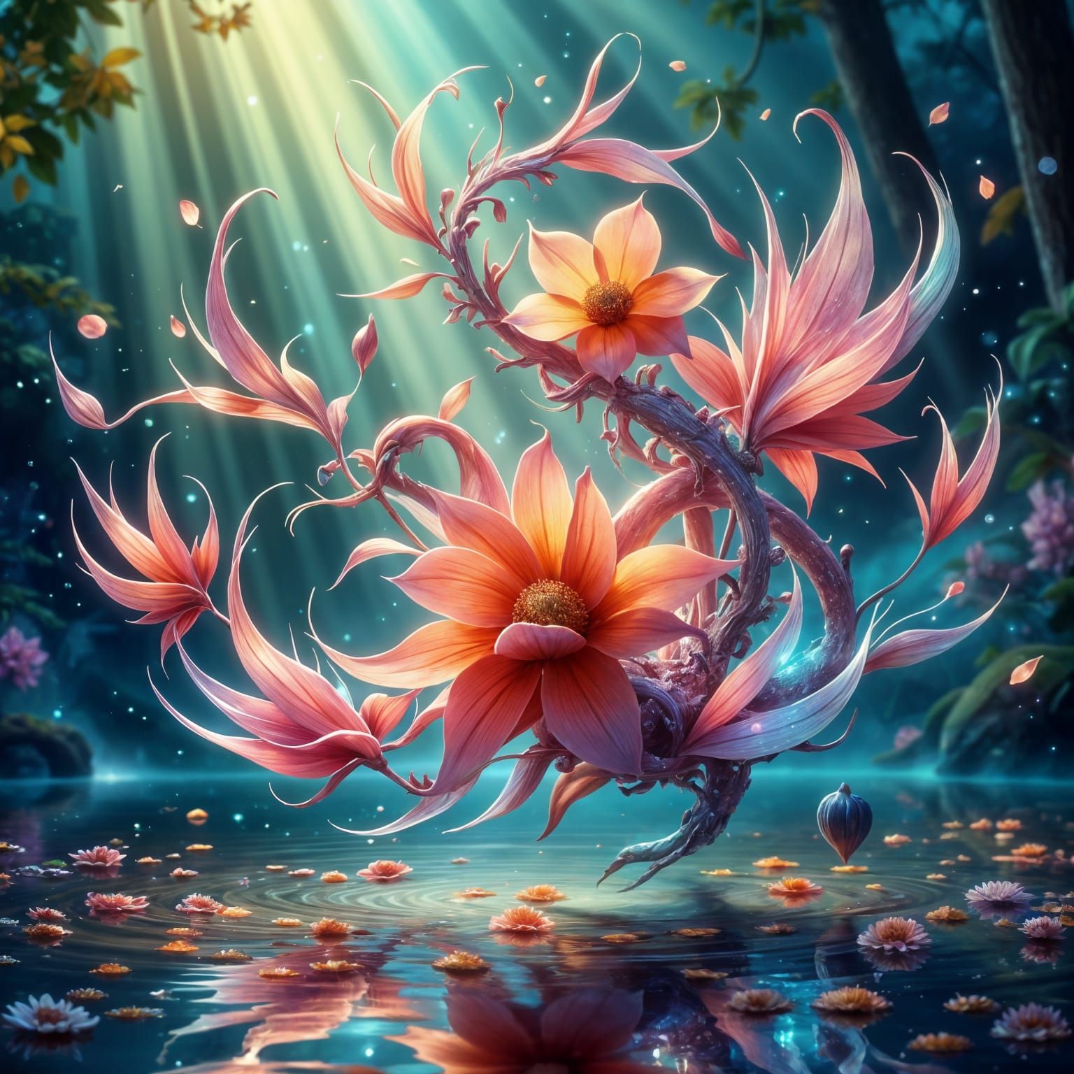 Vibrant Floating Plant Formations in Shimmering Realism