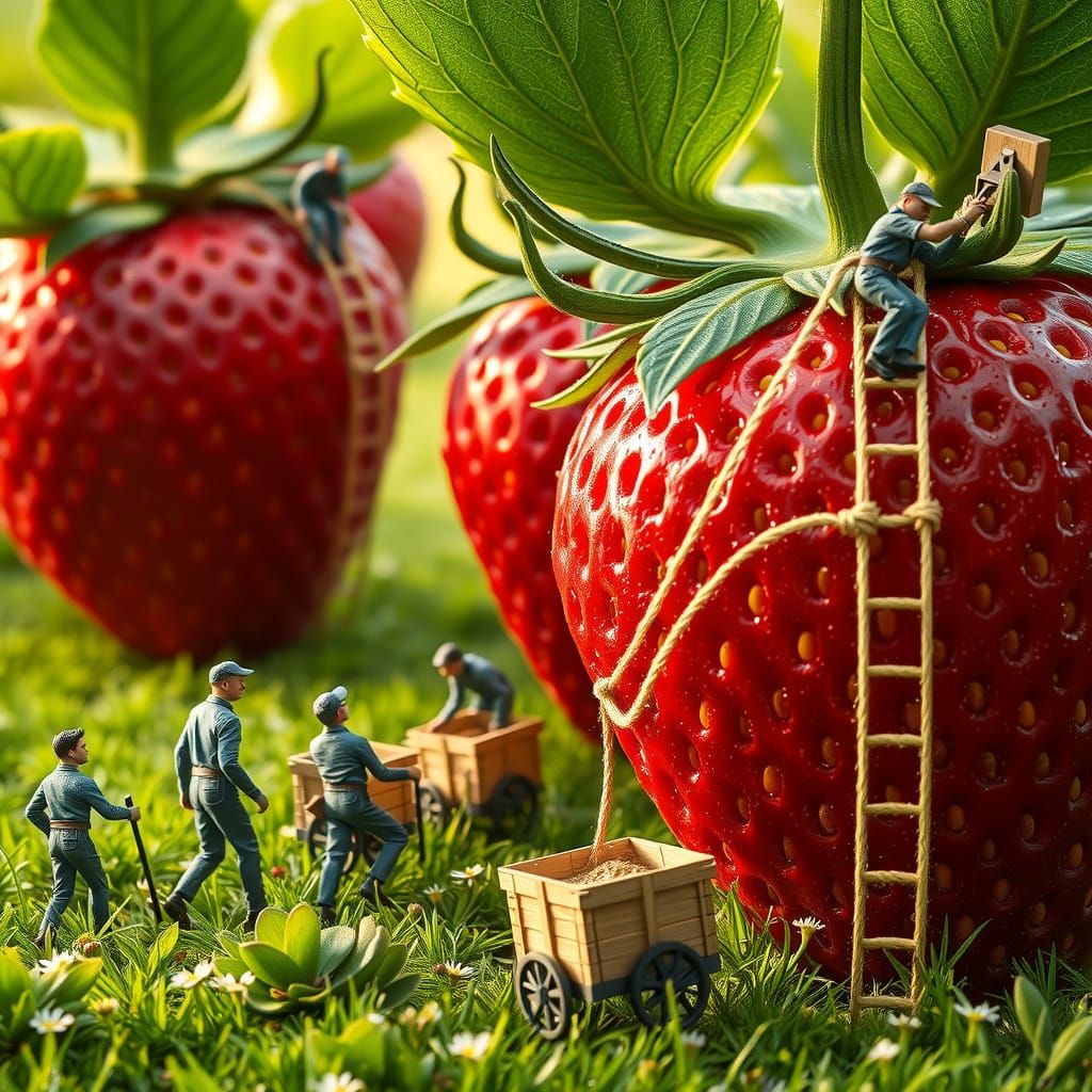 Miniature Workers Harvest Gigantic Strawberries in Lush Gree...