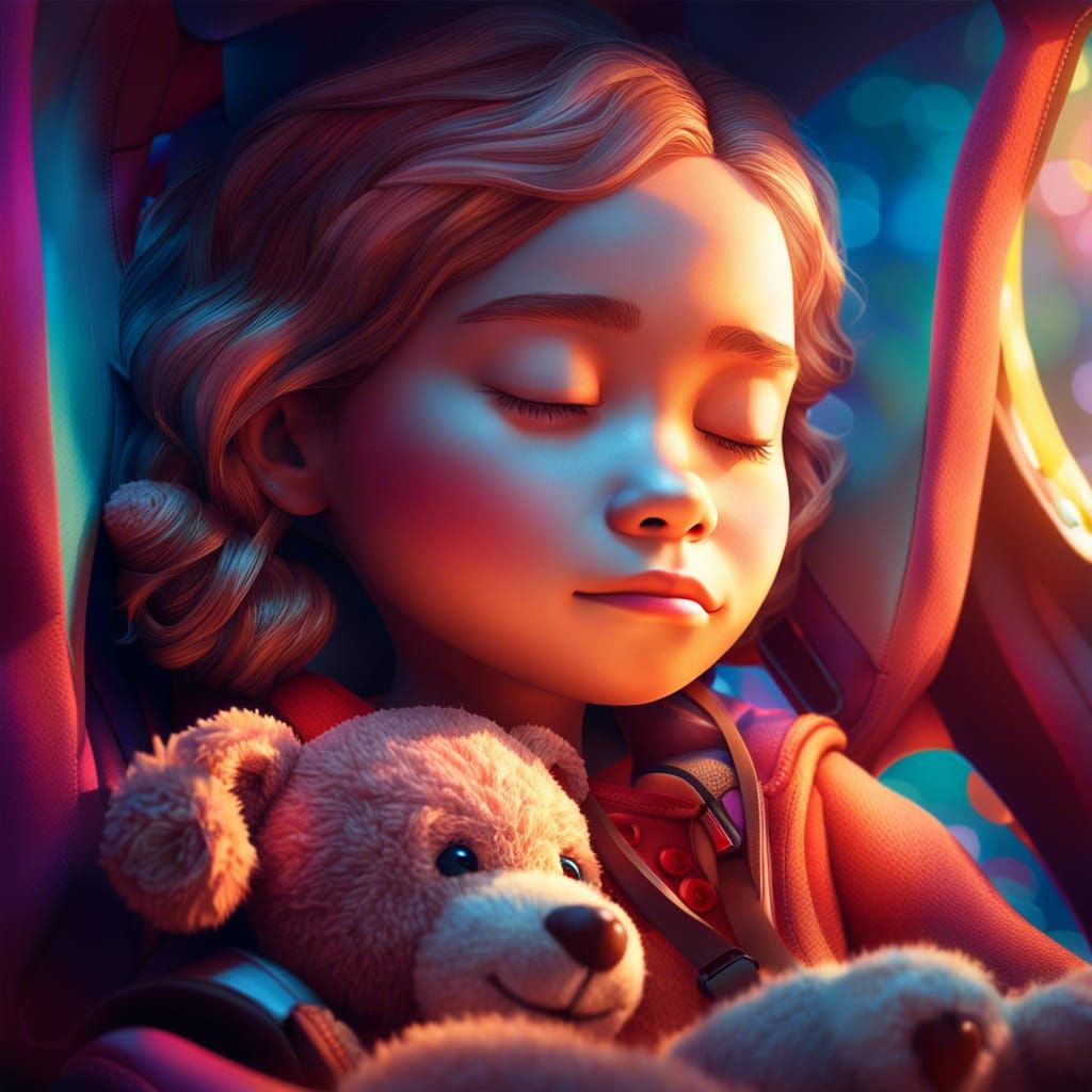 Little Girl Sleeping with Teddy Bear in Car Seat