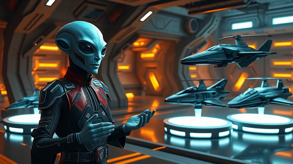 Alien Spaceship Sales Pitch in Futuristic Hangar