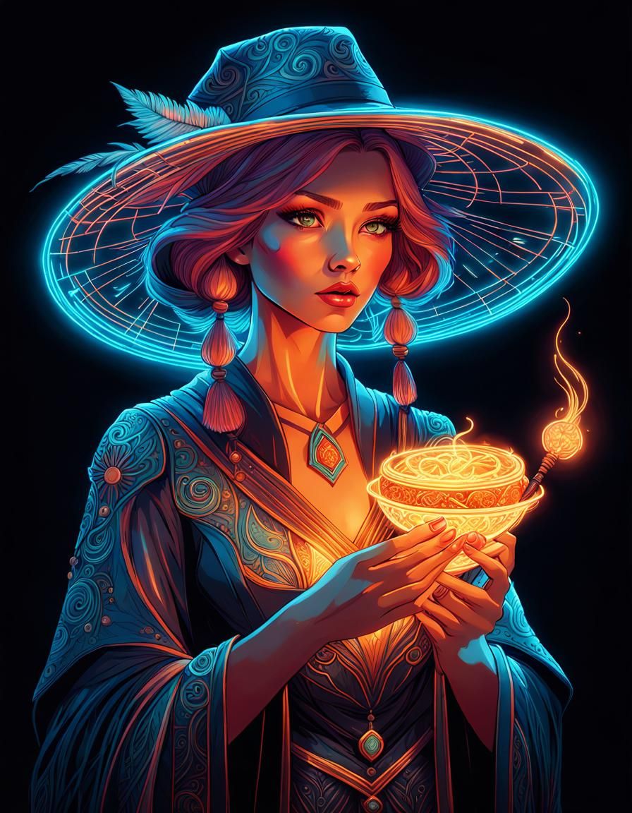 Neon Witch Portrait with Shih Tzu