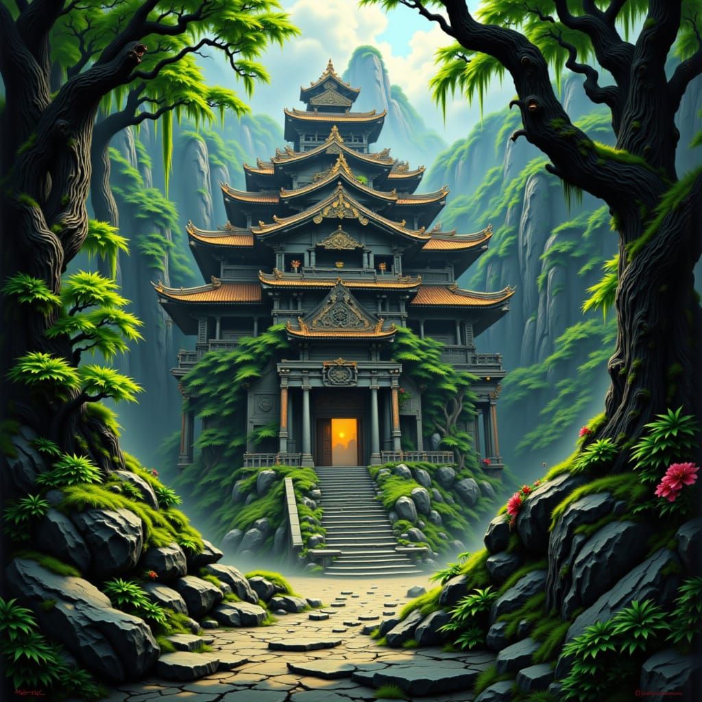 Ancient Temple Art with Lush Greenery and Warm Lighting