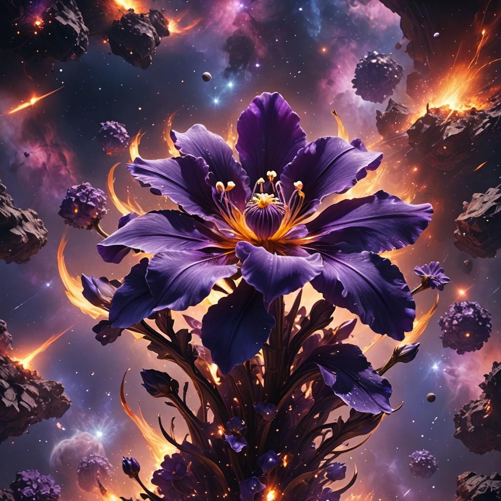 Burning Violet Flower in Deep Space Art